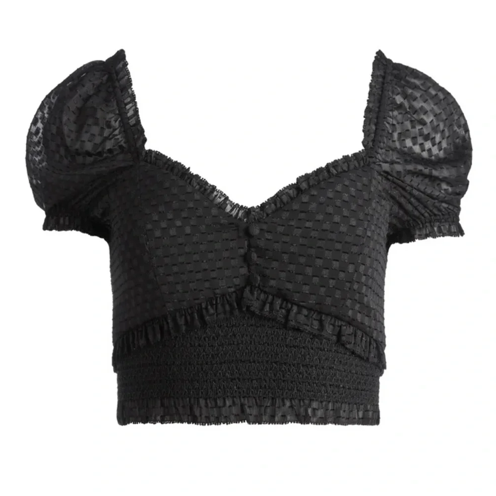 Alice + Olivia Rianna Puff Sleeve Smocked Crop Top in Black (L)